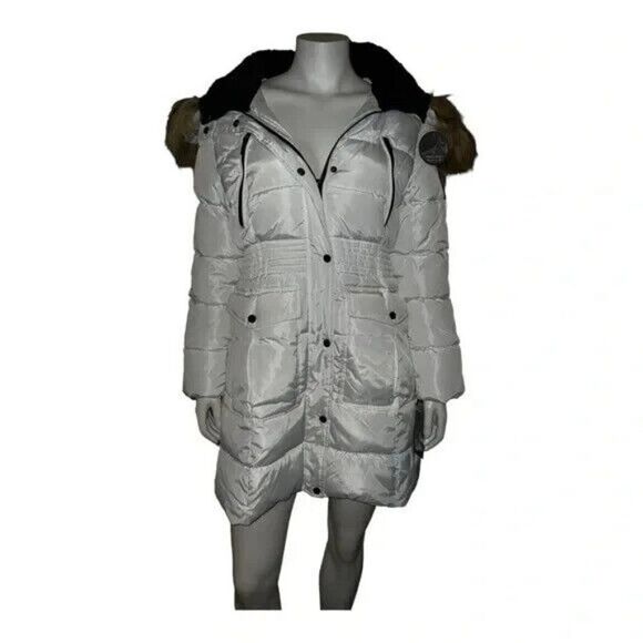 Steve Madden Juniors Faux-Fur-Trim Hooded White Puffer Coat Extra Large New - Picture 2 of 9